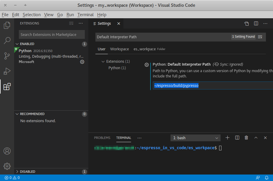 Visual Studio Code interface with the default interpreter path set to the ``pypresso`` executable